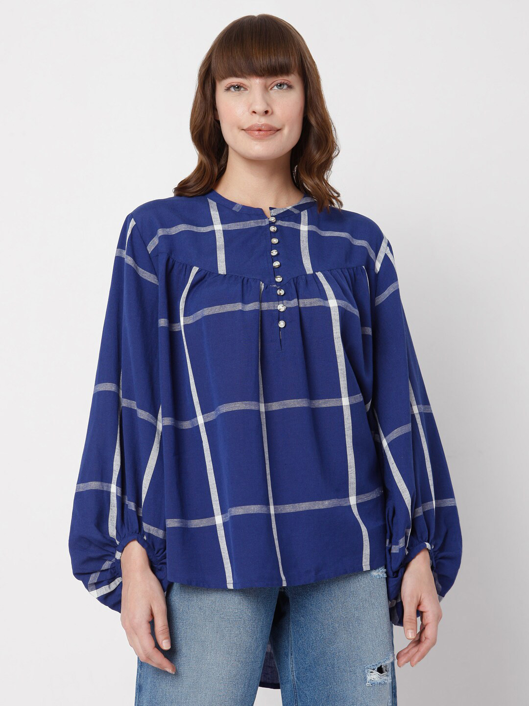 Vero Moda Women Blue Windowpane Checks Checked Casual Shirt