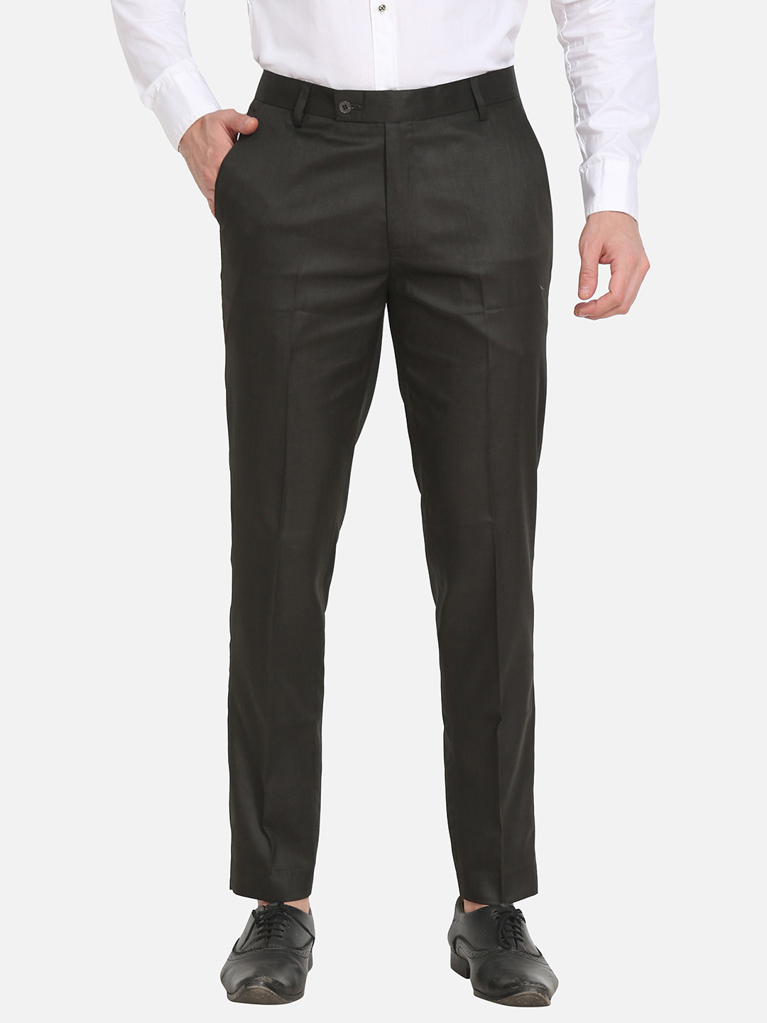 Sam and Jack Men Green Smart Chambray Formal Trousers