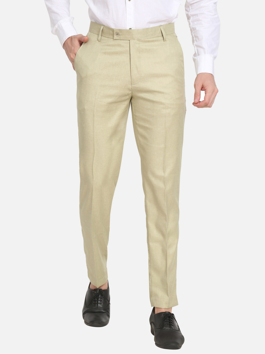 Sam and Jack Men Beige Smart Chambray Formal Trousers