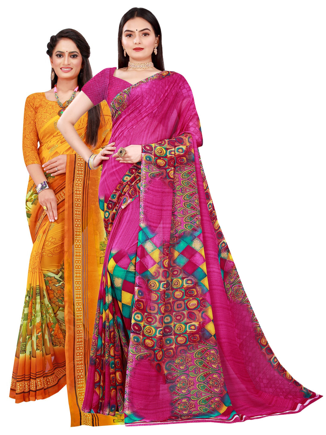 Florence Yellow & Pink Pure Georgette Saree