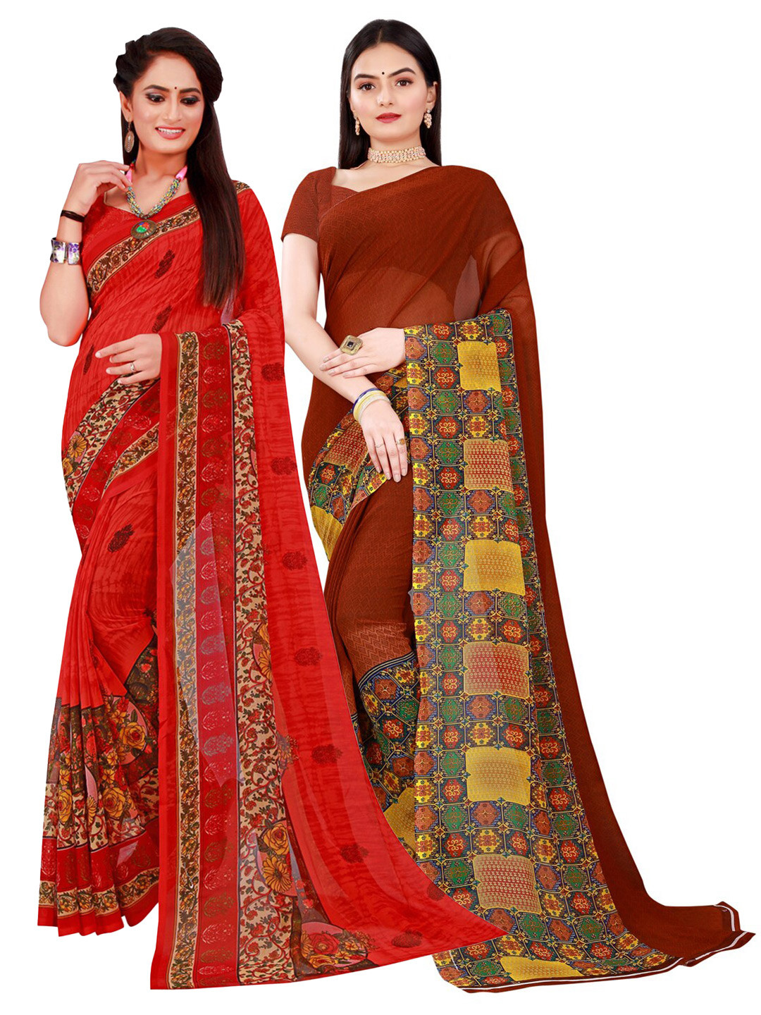 SAADHVI Red & Maroon Set Of 2 Pure Georgette Saree