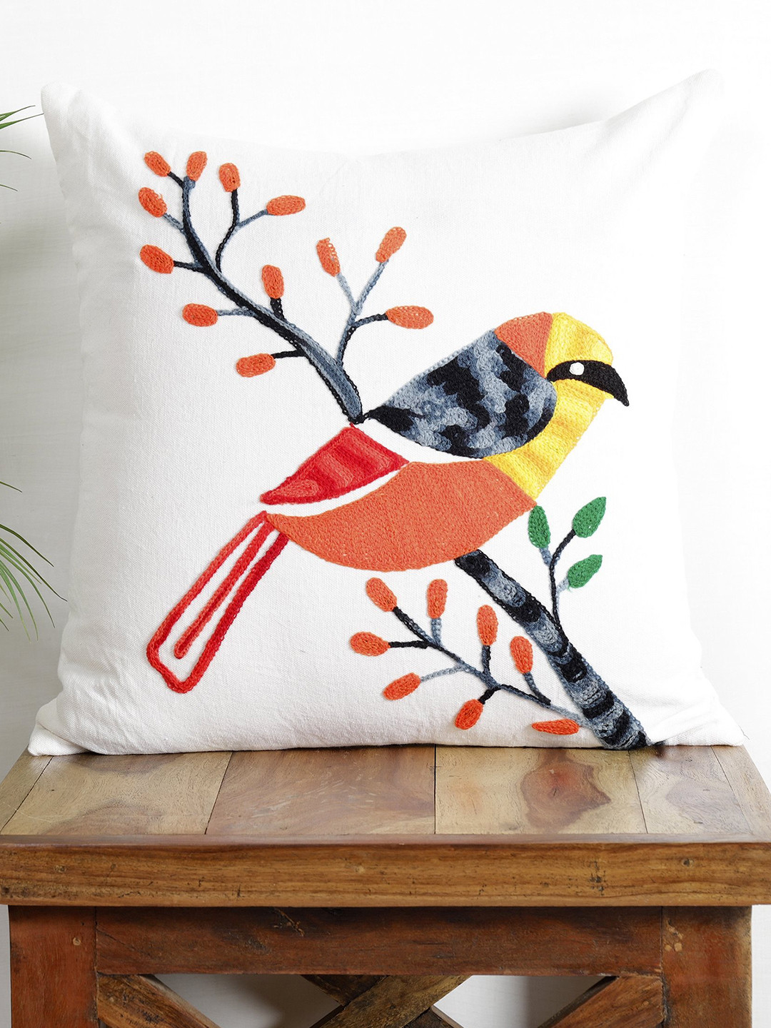 HANDICRAFT PALACE White & Red Embroidered Square Cushion Cover