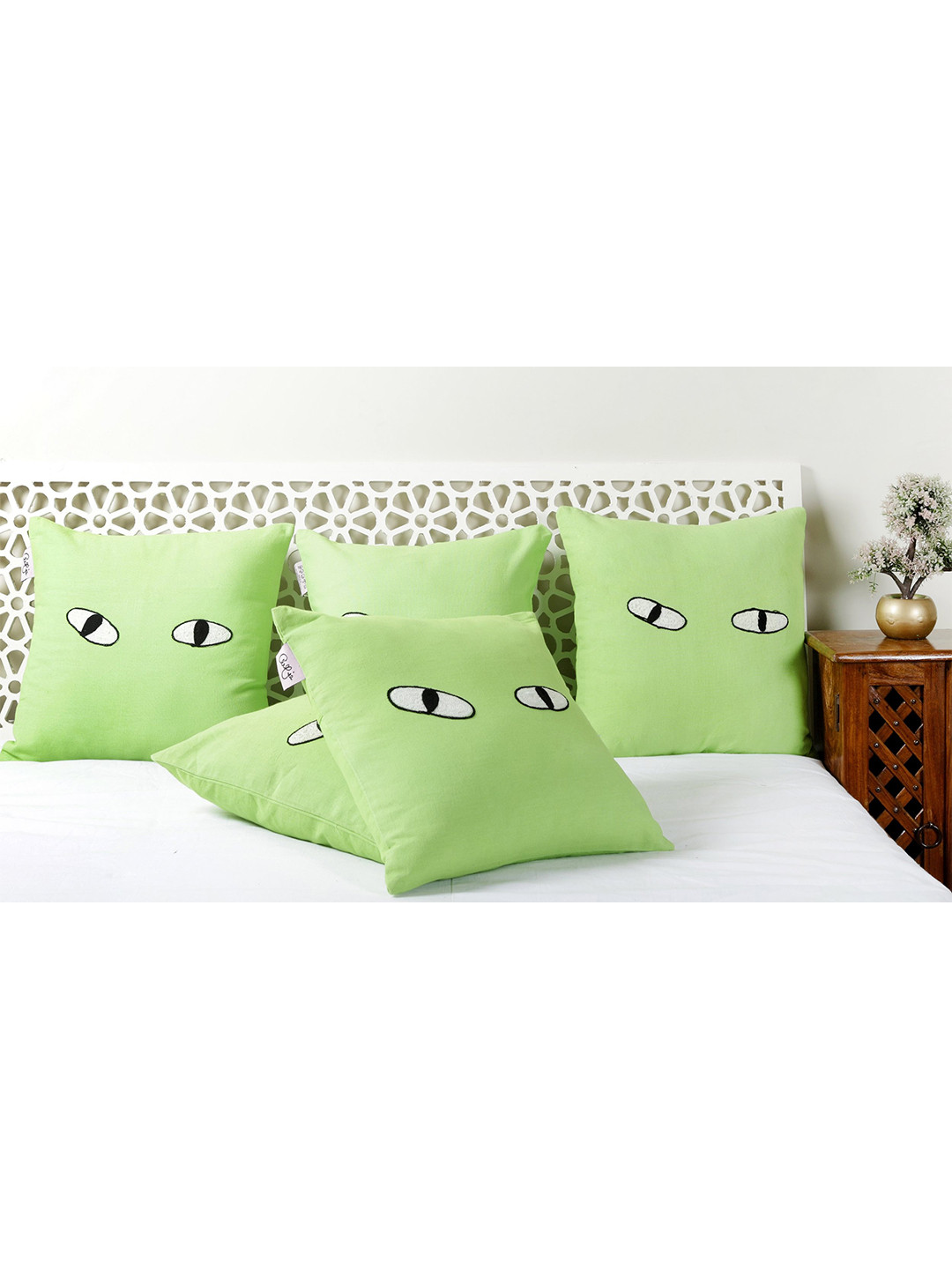 HANDICRAFT PALACE Light-Weight Green Cotton Embroidered Square Cushion Cover -16x16In