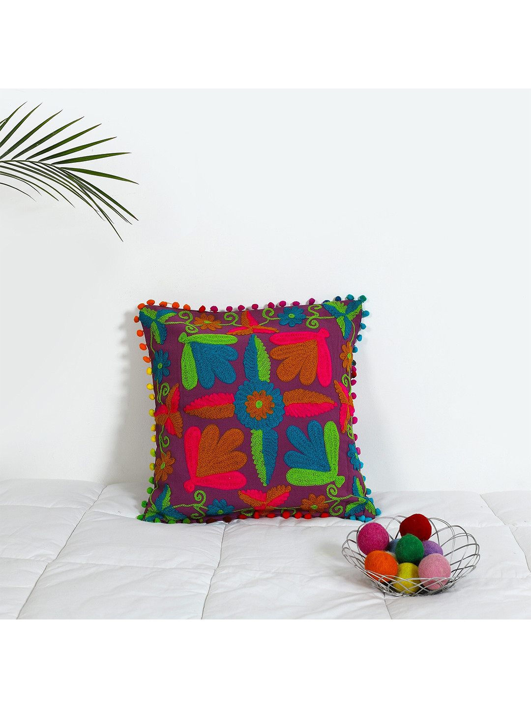 HANDICRAFT PALACE Suzani Floral Cotton Embroidered Square Cushion Covers - 16 x 16 In