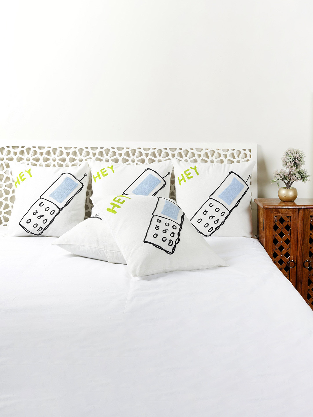 HANDICRAFT PALACE Mobile White Embroidered Cotton Breathable 5 Pcs Cushion Covers -16x16In
