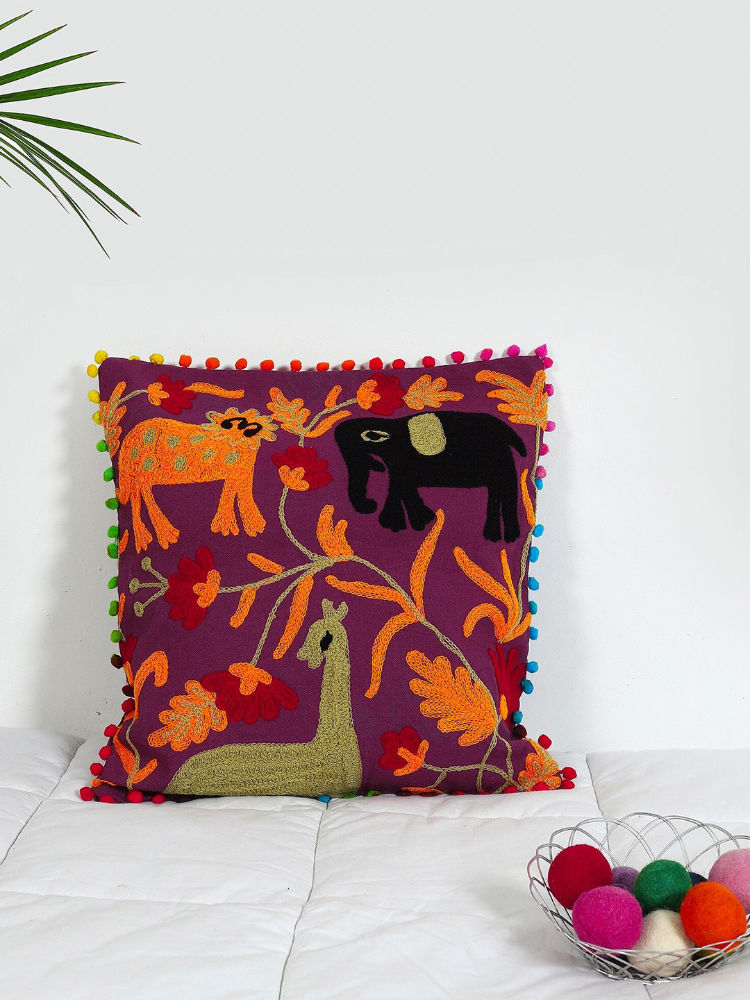 HANDICRAFT PALACE Magenta & Red Embroidered Square Cotton Cushion Covers