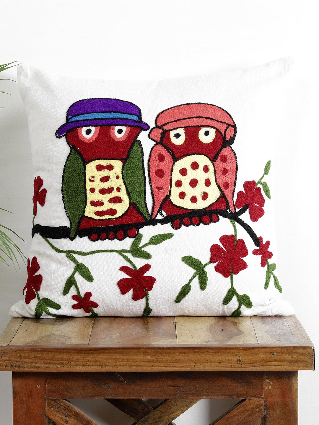 HANDICRAFT PALACE White & Red Embroidered Square Cushion Covers