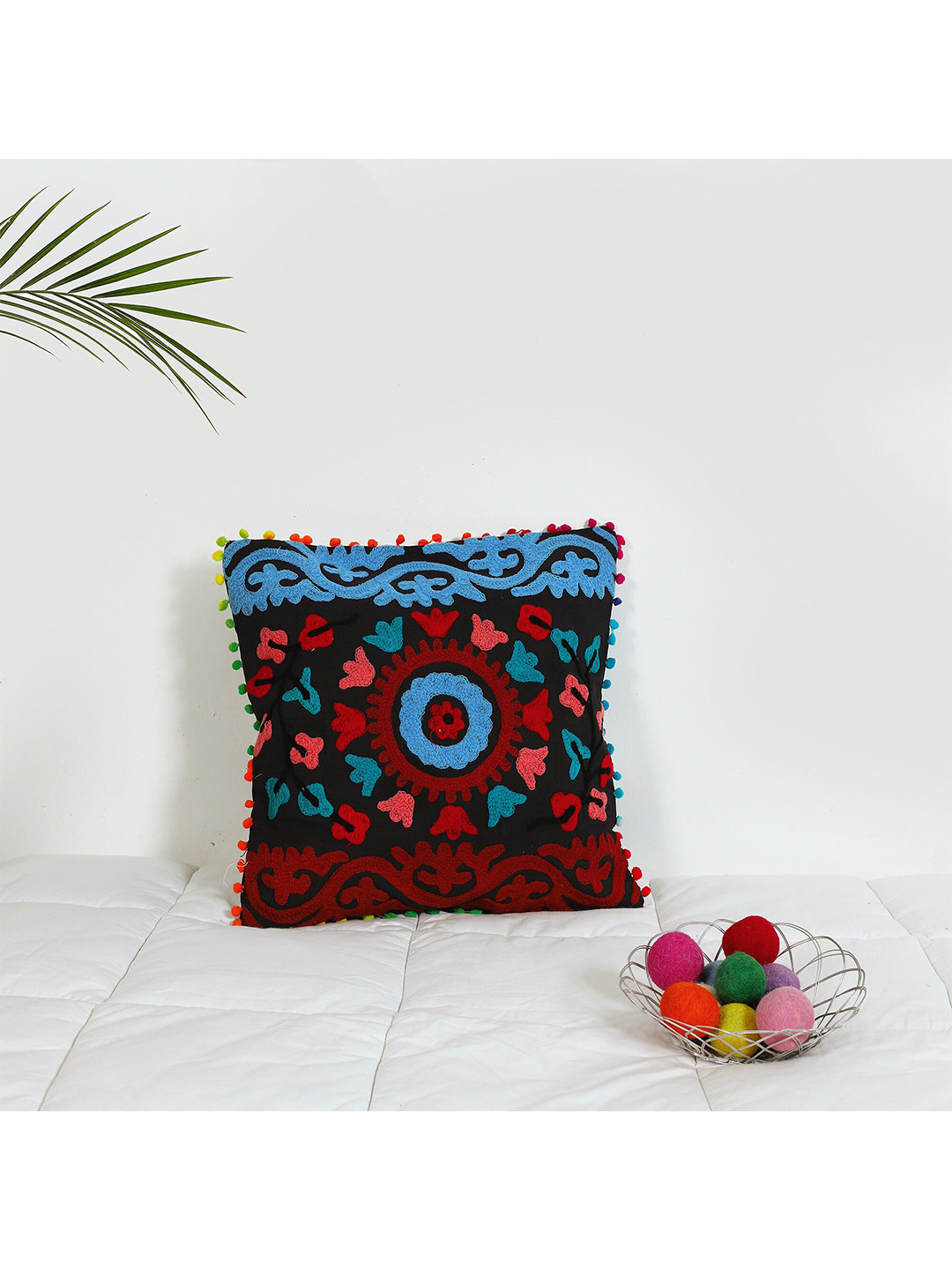 HANDICRAFT PALACE Suzani Floral Embroidered Cotton Square Cushion Covers - 16 x 16 In