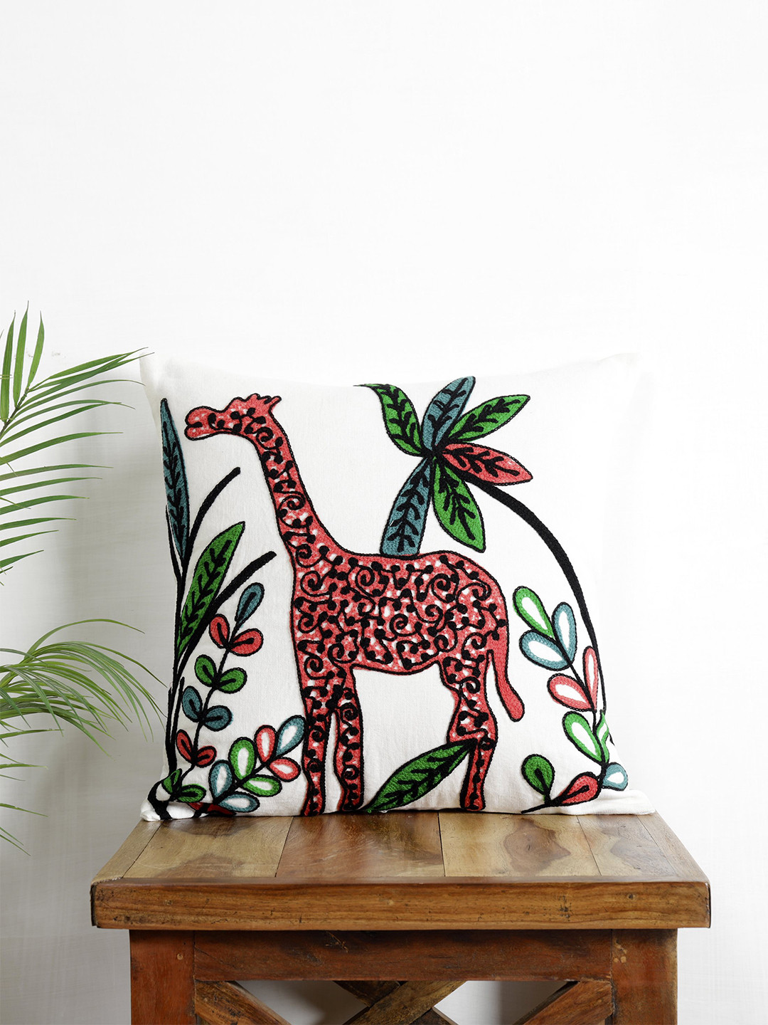 HANDICRAFT PALACE Giraffe Animal Cotton Breathable Embroidered Cushion Cover -16x16In