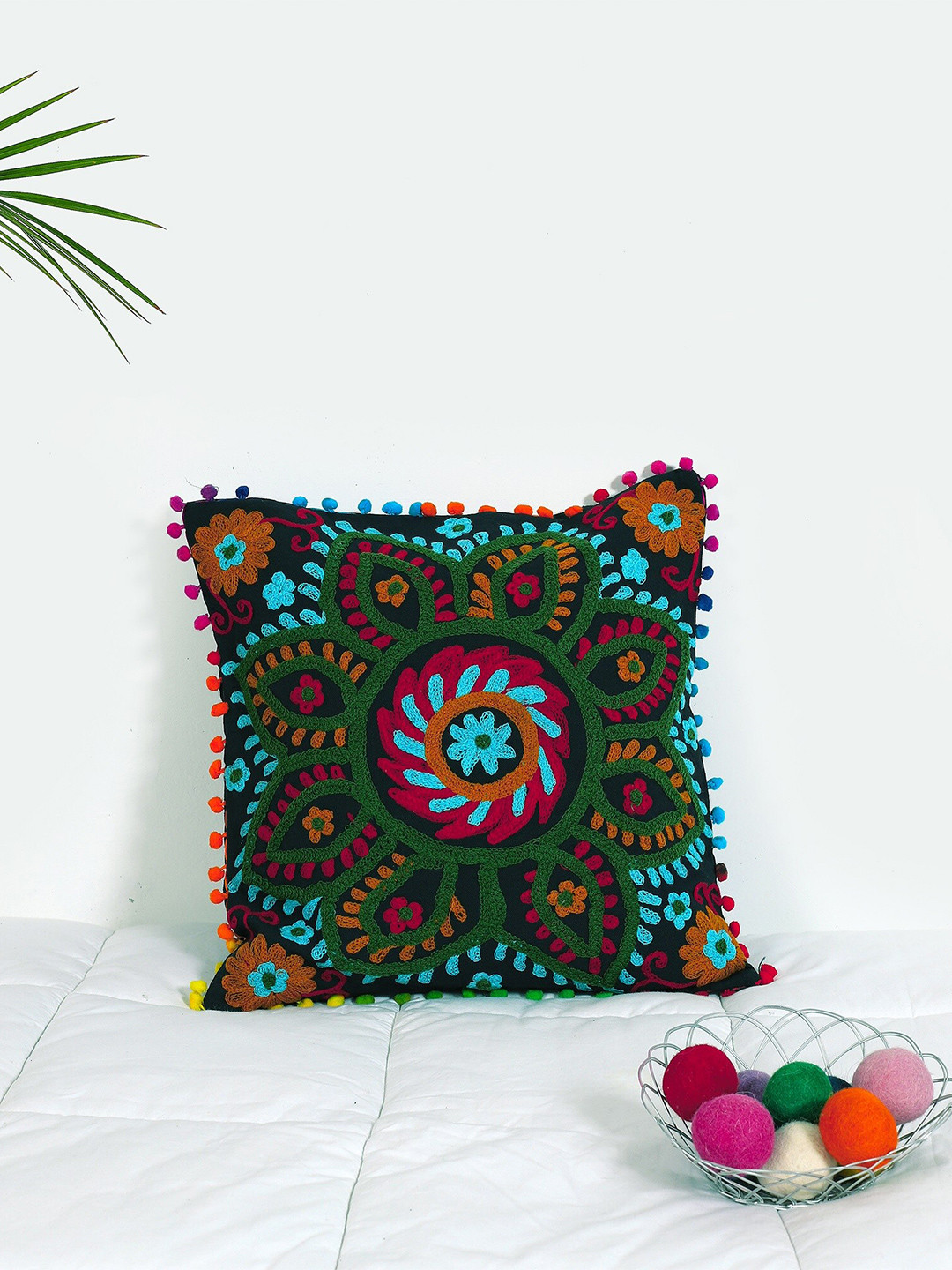 HANDICRAFT PALACE Black & Green Suzani Embroidered Cotton Square Cushion Cover