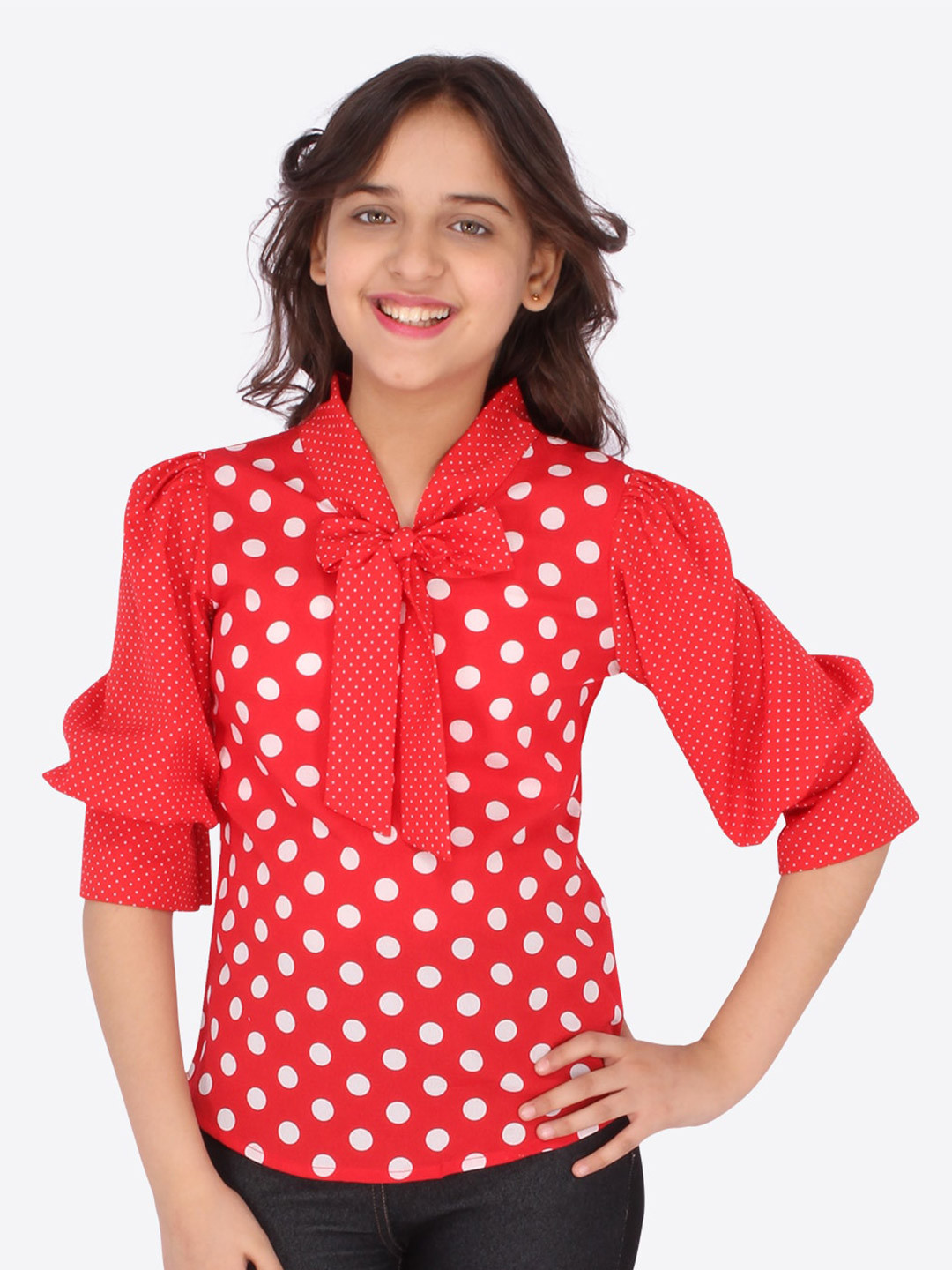 CUTECUMBER Red & White Polka Dots Print Tie-Up Neck Georgette Top
