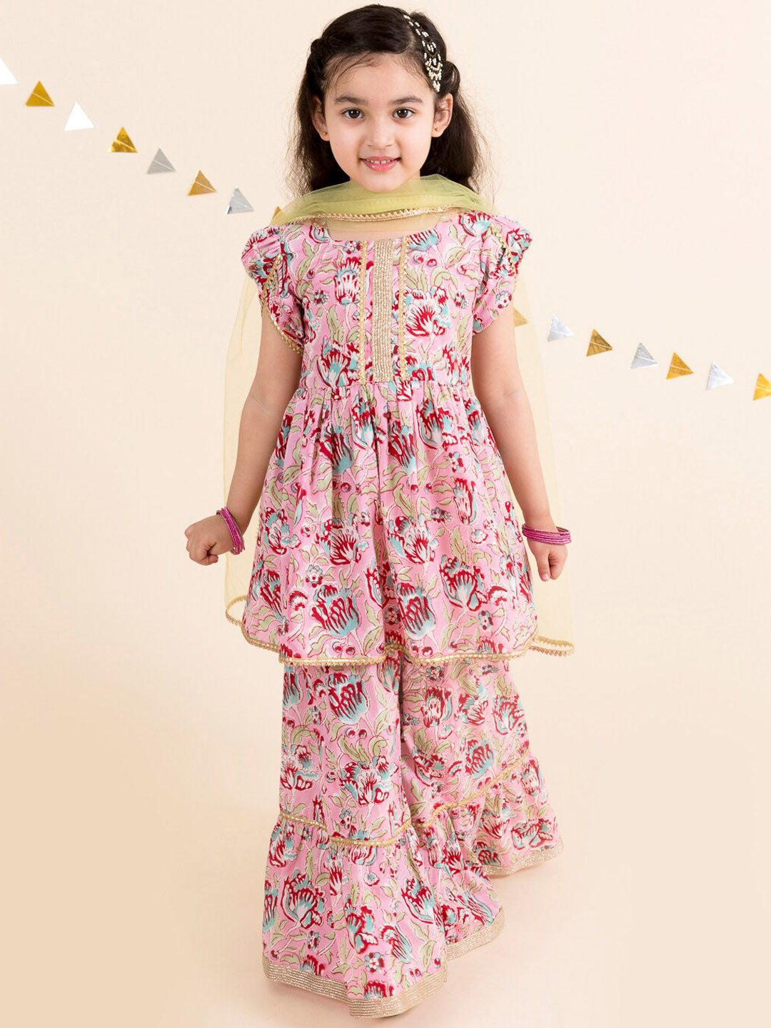 pspeaches Girls Floral Printed Gotta Patti Pure Cotton Kurti with Palazzos With Dupatta