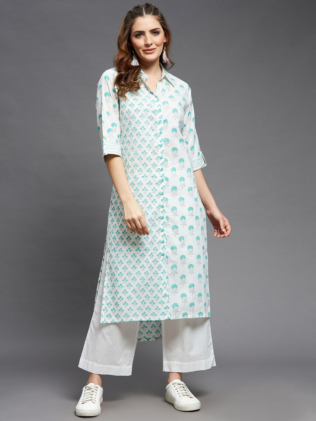 Indian Dobby Women White & Green Floral Printed Block Print  Cotton Kurta