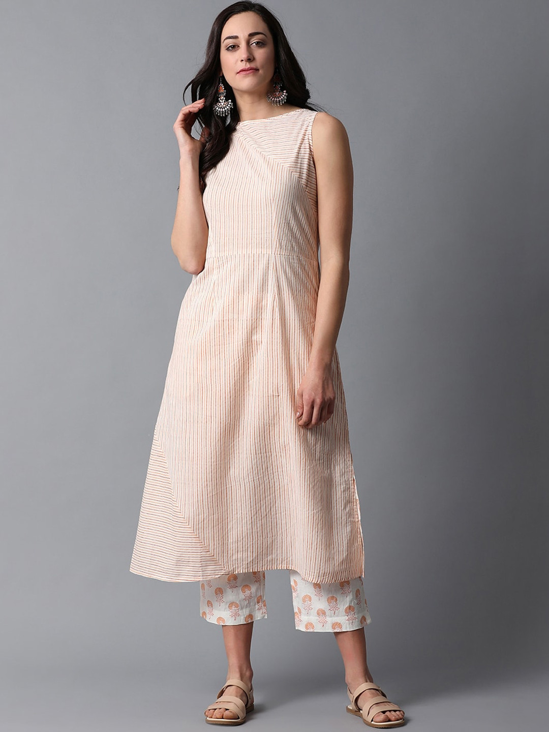 Indian Dobby Women White & Peach-Coloured Striped Block Print Pure Cotton Kurta