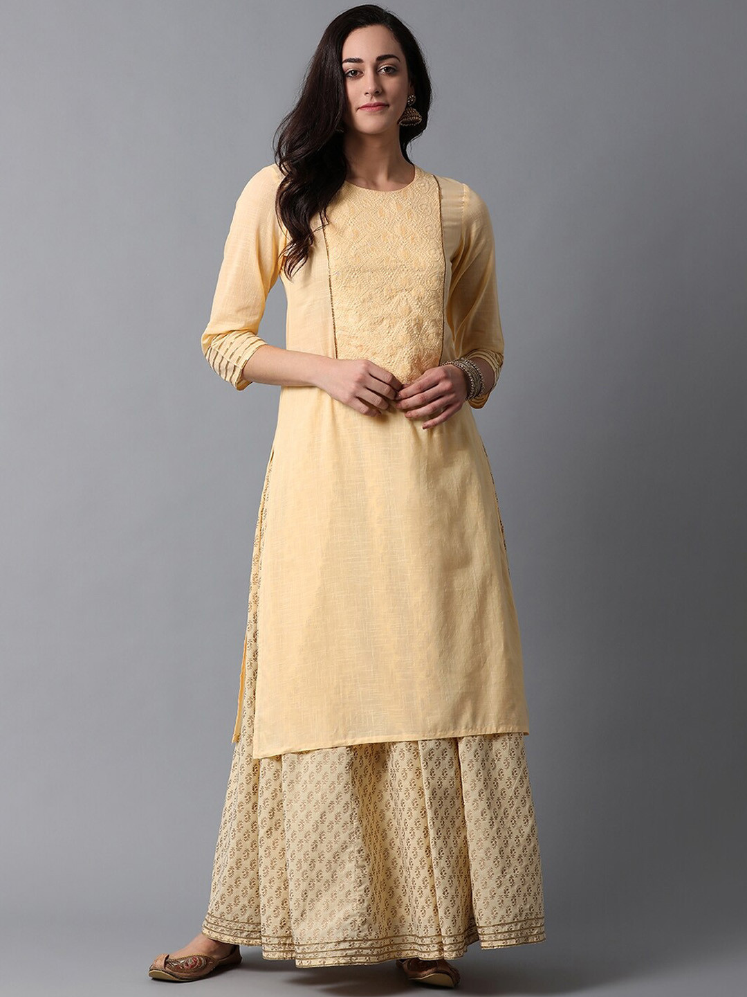 Indian Dobby Women Cream-Coloured Ethnic Motifs Embroidered Mirror Work Pastels Kurta