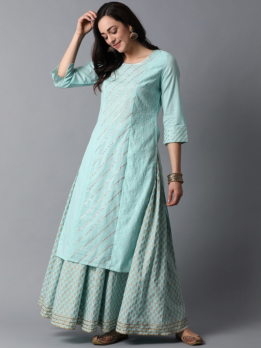 Indian Dobby Women Blue & Gold-Toned Ethnic Motifs Embroidered Gotta Patti Kurta