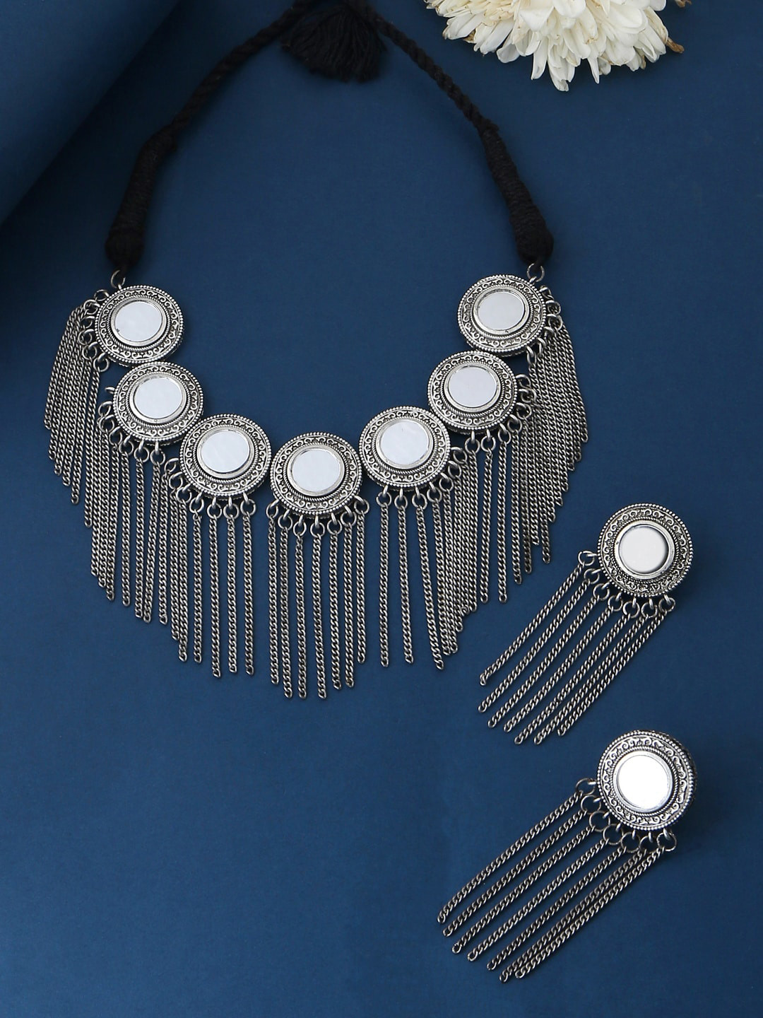 VIRAASI Silver-Plated Mirror Work Jewellery Set