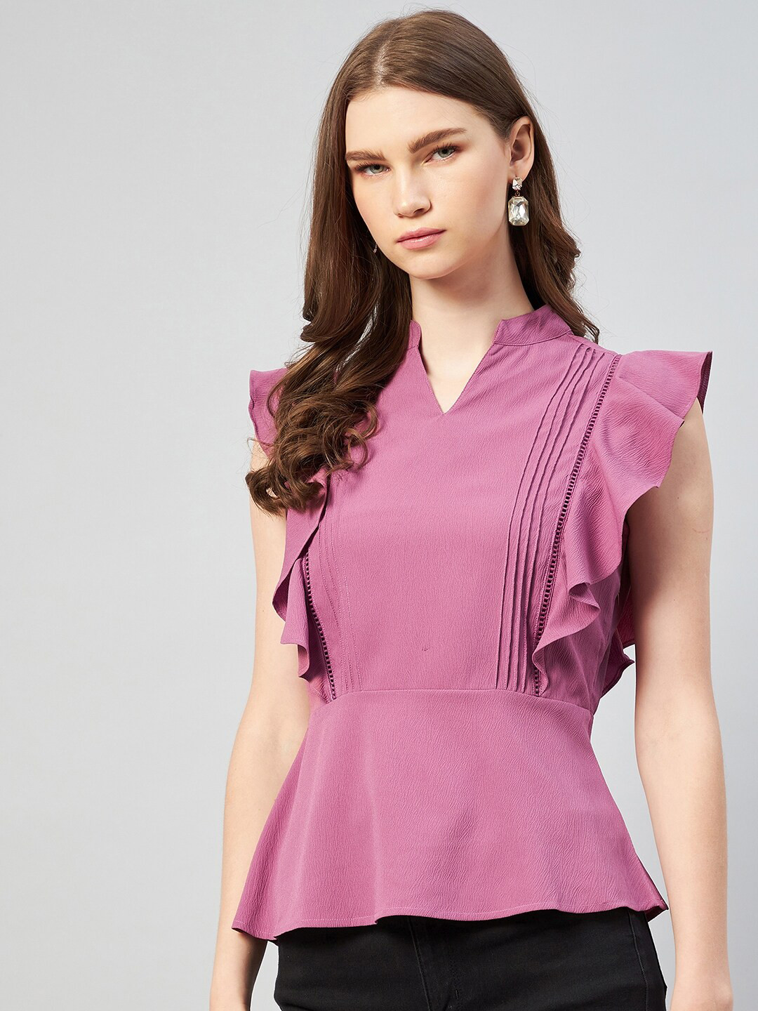 Marie Claire Purple Ruffles Crepe Peplum Top