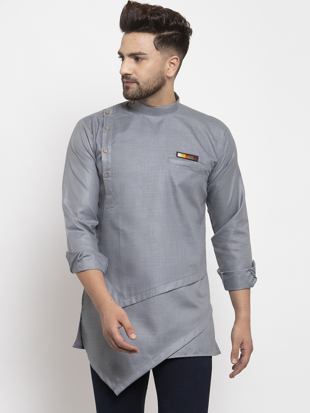 Kaifoo Men Silver Solid Mandarin Collar Cotton Striaght Kurta