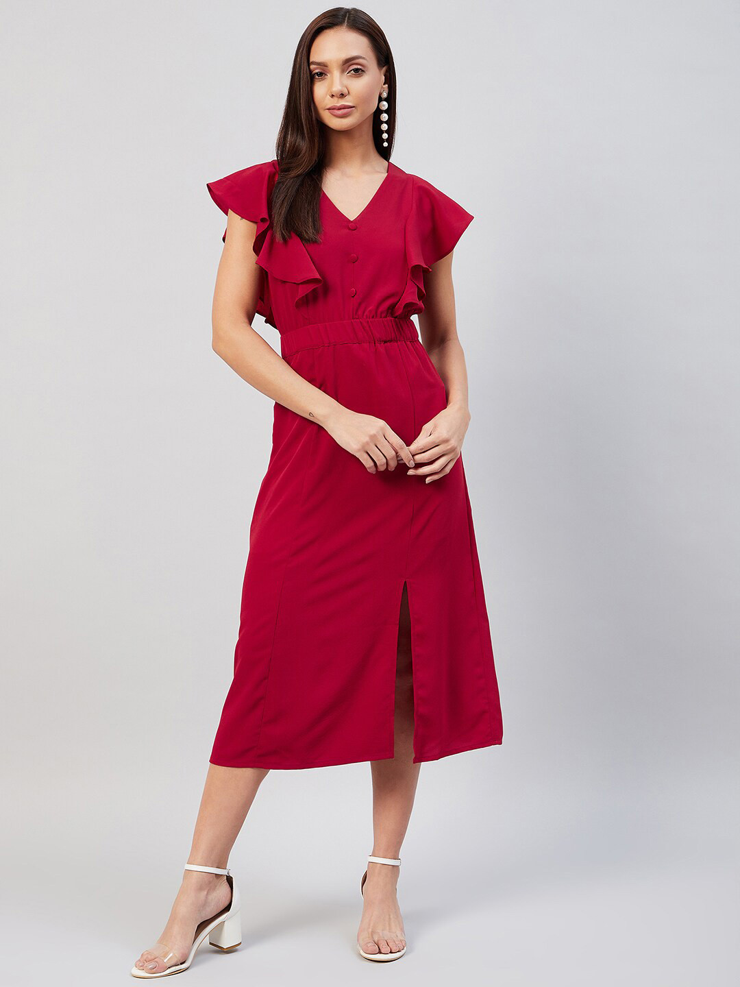 RARE Red Crepe A-Line Midi Dress