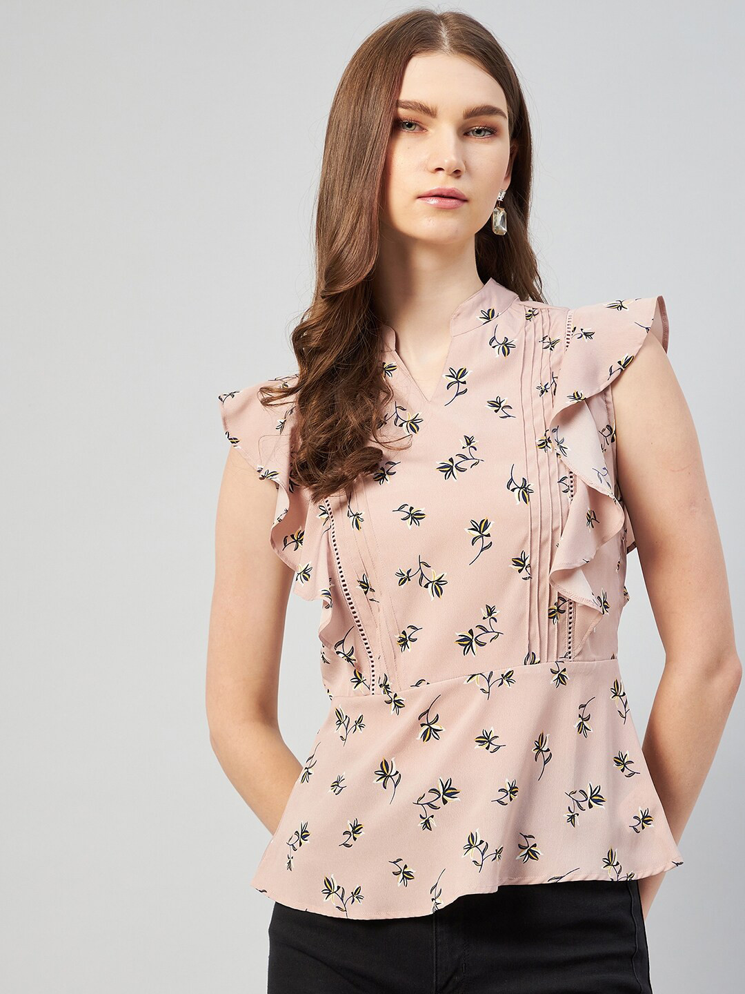 RARE Beige Floral Print Mandarin Collar Ruffles Crepe Top