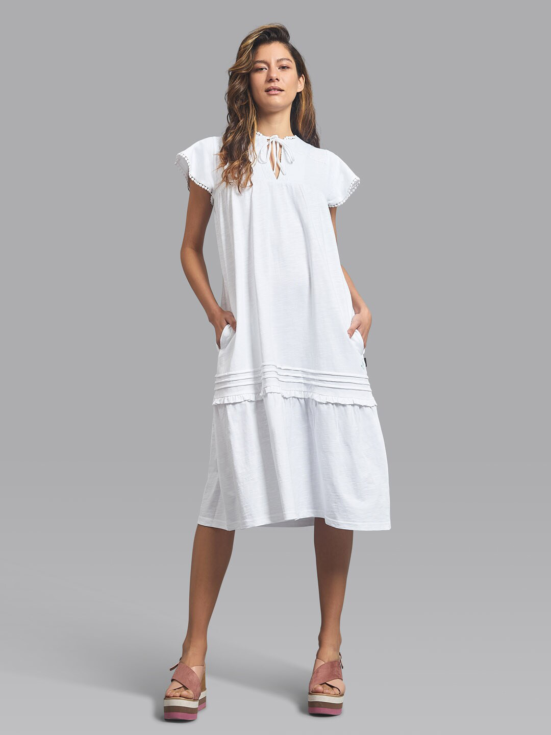 Beverly Hills Polo Club White Tie-Up Neck A-Line Midi Dress