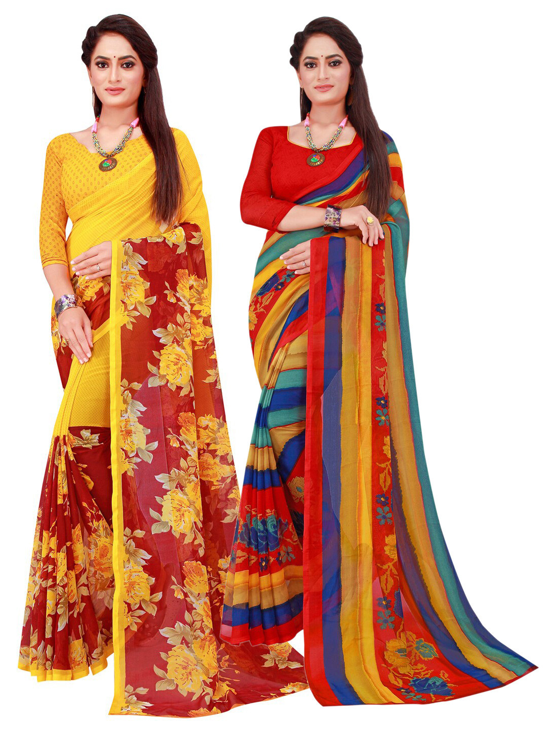 KALINI Maroon & Multicolor Set Of 2 Pure Georgette Saree