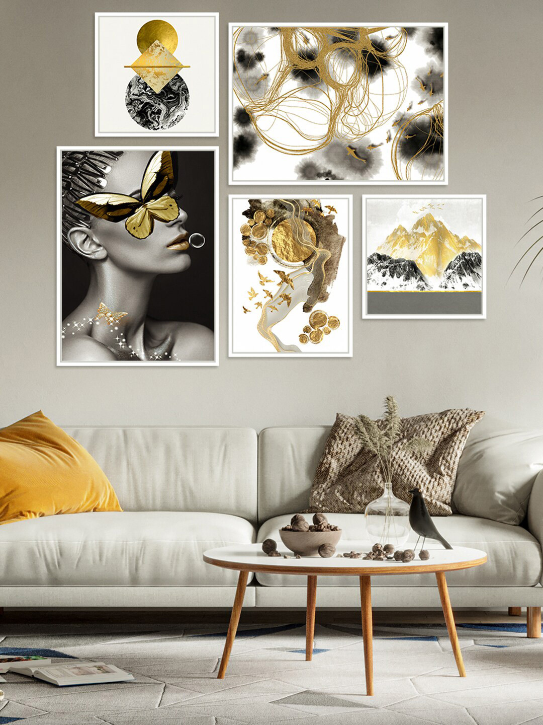 Art Street Set Of 5 White & Gold-Toned Abstract Nature Printed Wall Art