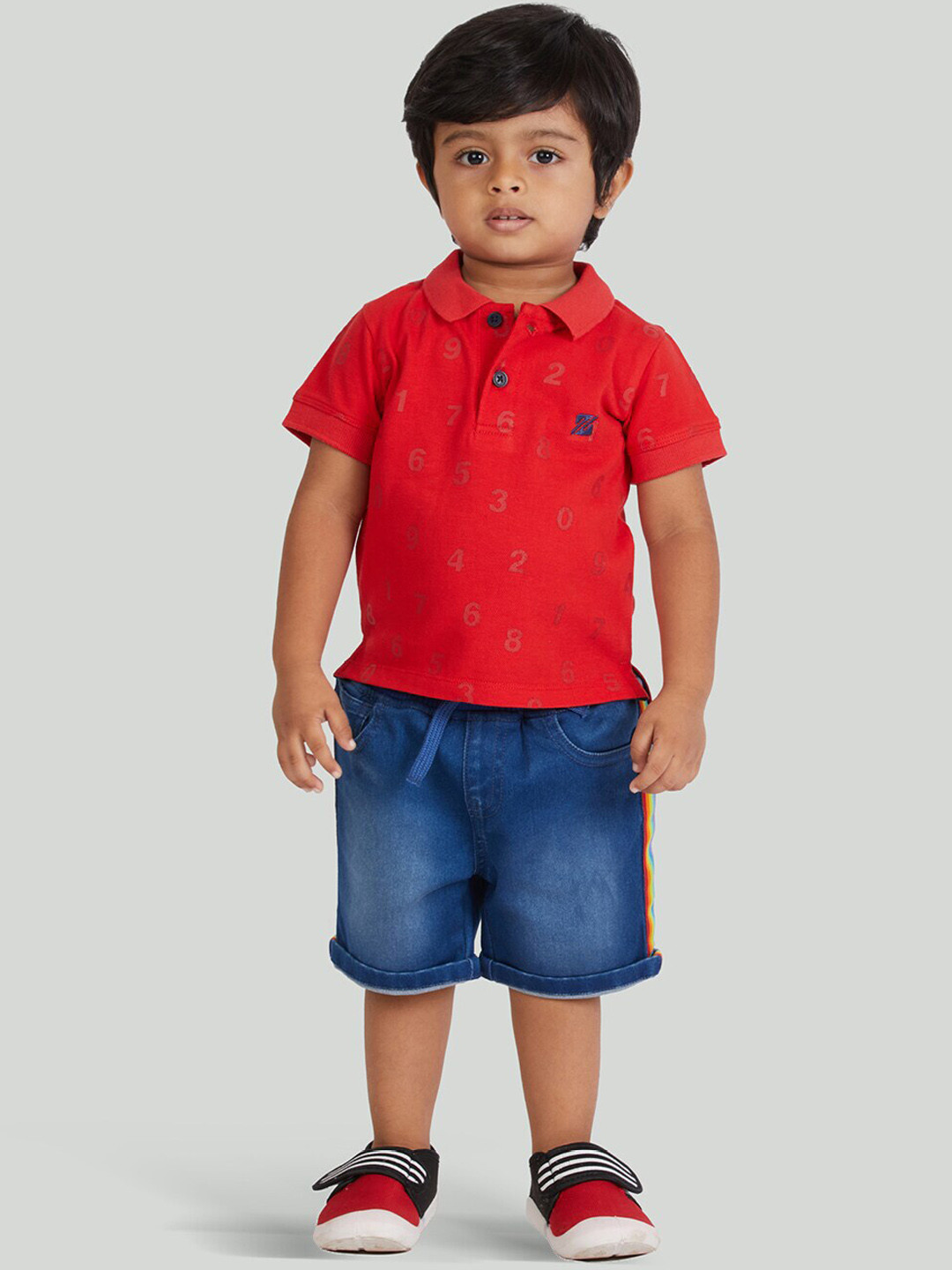 Zalio Boys Red & Blue Printed Cotton T-shirt With Shorts