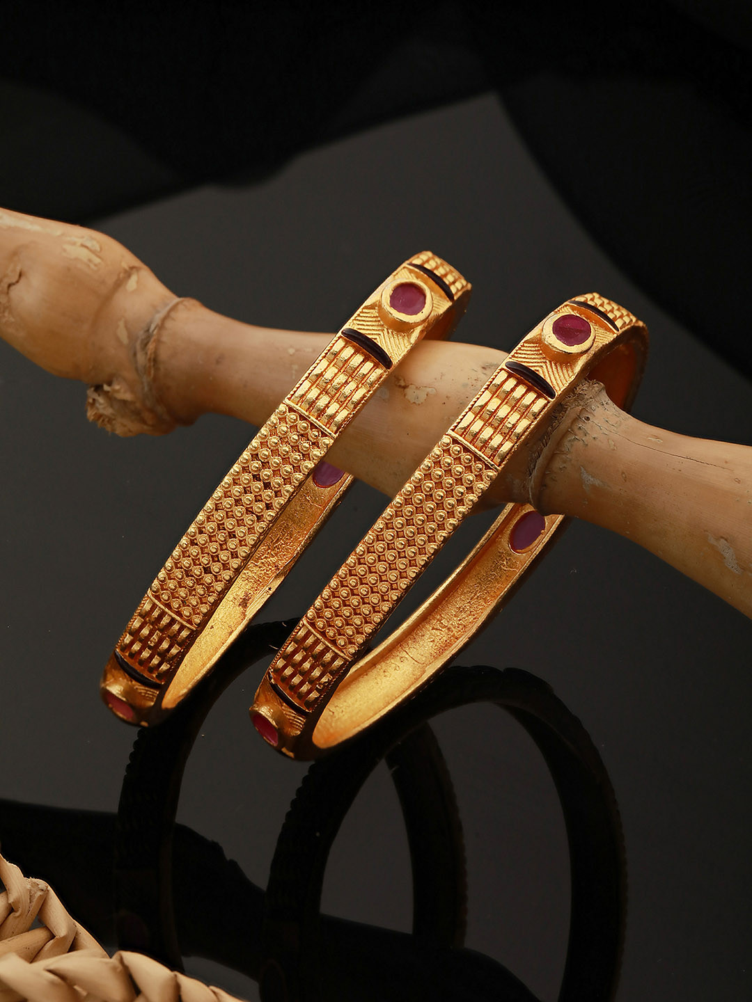 Saraf RS Jewellery Set of 2 Gold-Plated Pink Stone Studded Handcrafted Textured Bangles
