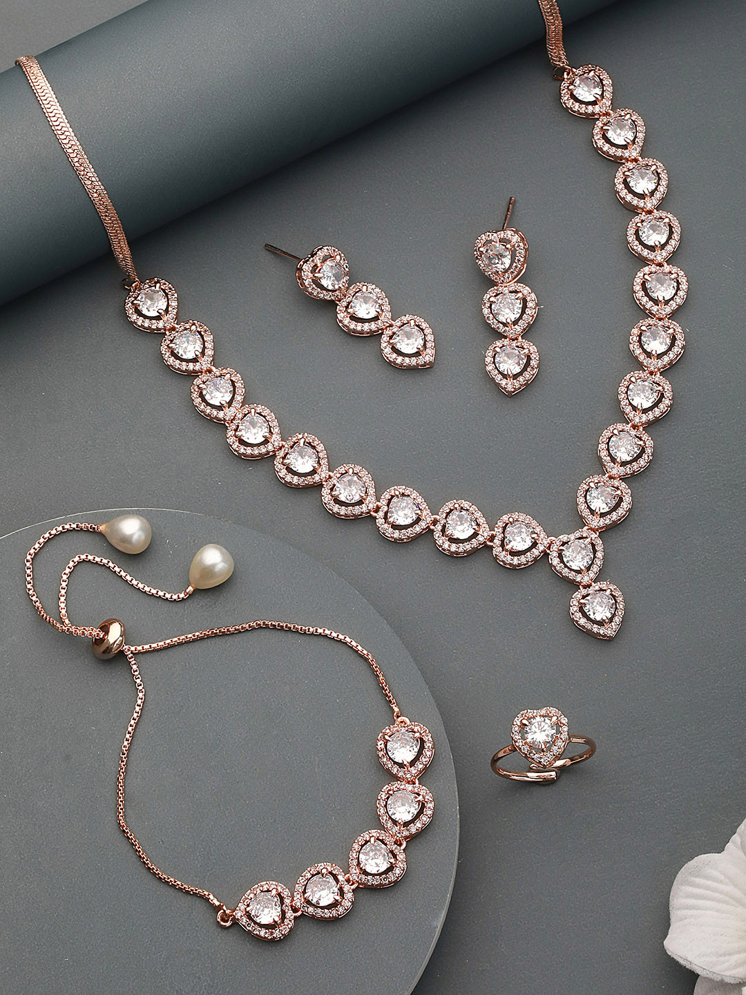 Saraf RS Jewellery Rose Gold-Toned AD Studded Minimal heart Shaped Jewellery Set Combo