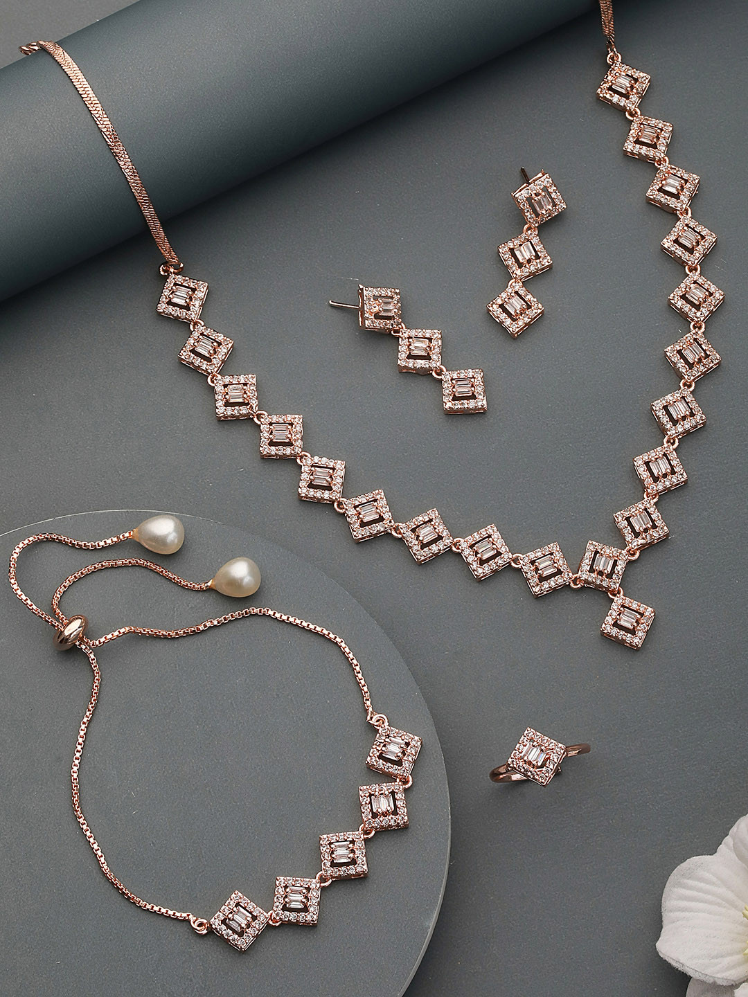 Saraf RS Jewellery Rose Gold Plated AD Embellished Square Studded Designer Jewellery Set