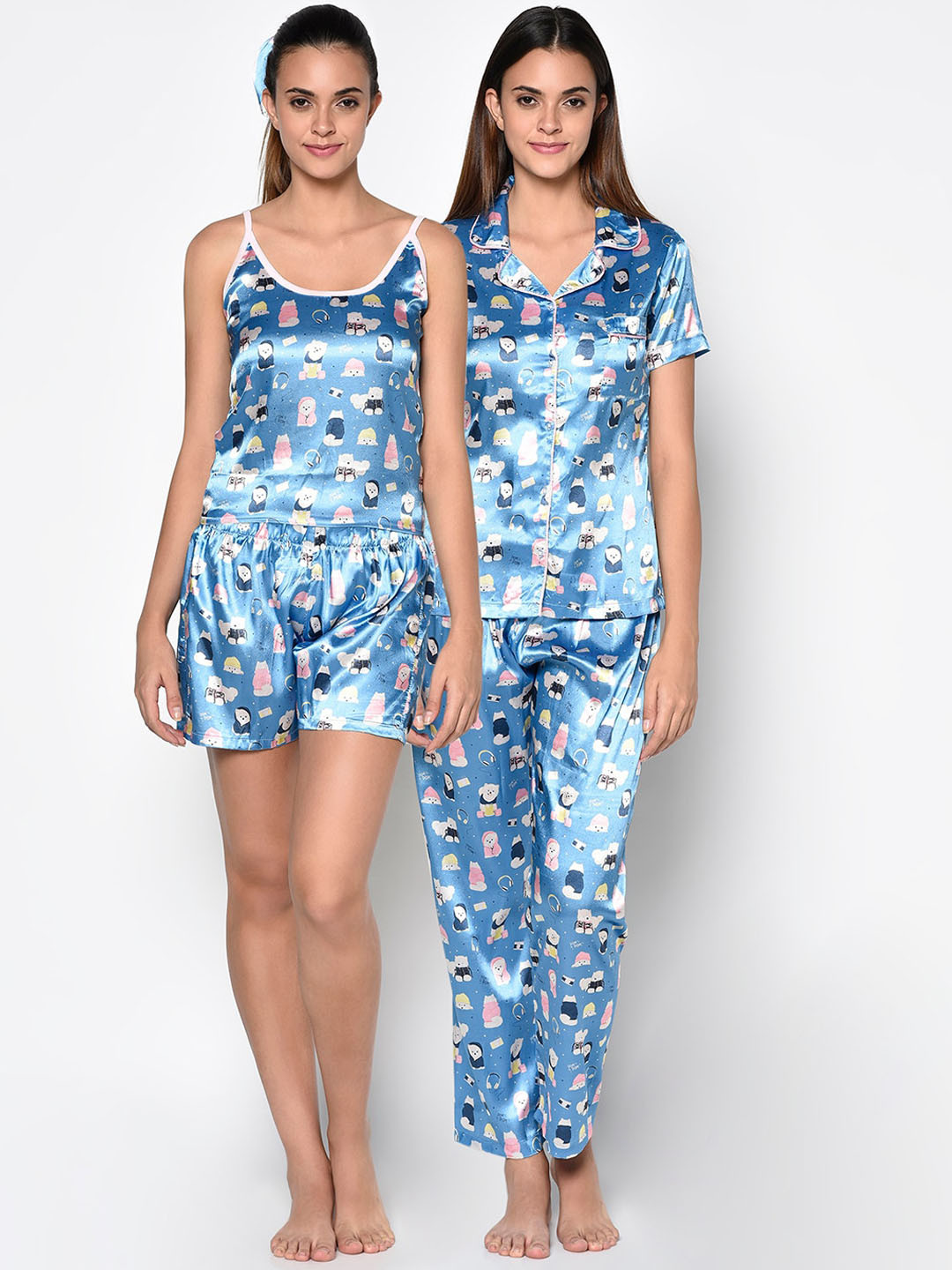 CUSHYBEE Women Blue & Pink Printed Cartoon Characters Night suits Pack Of 2