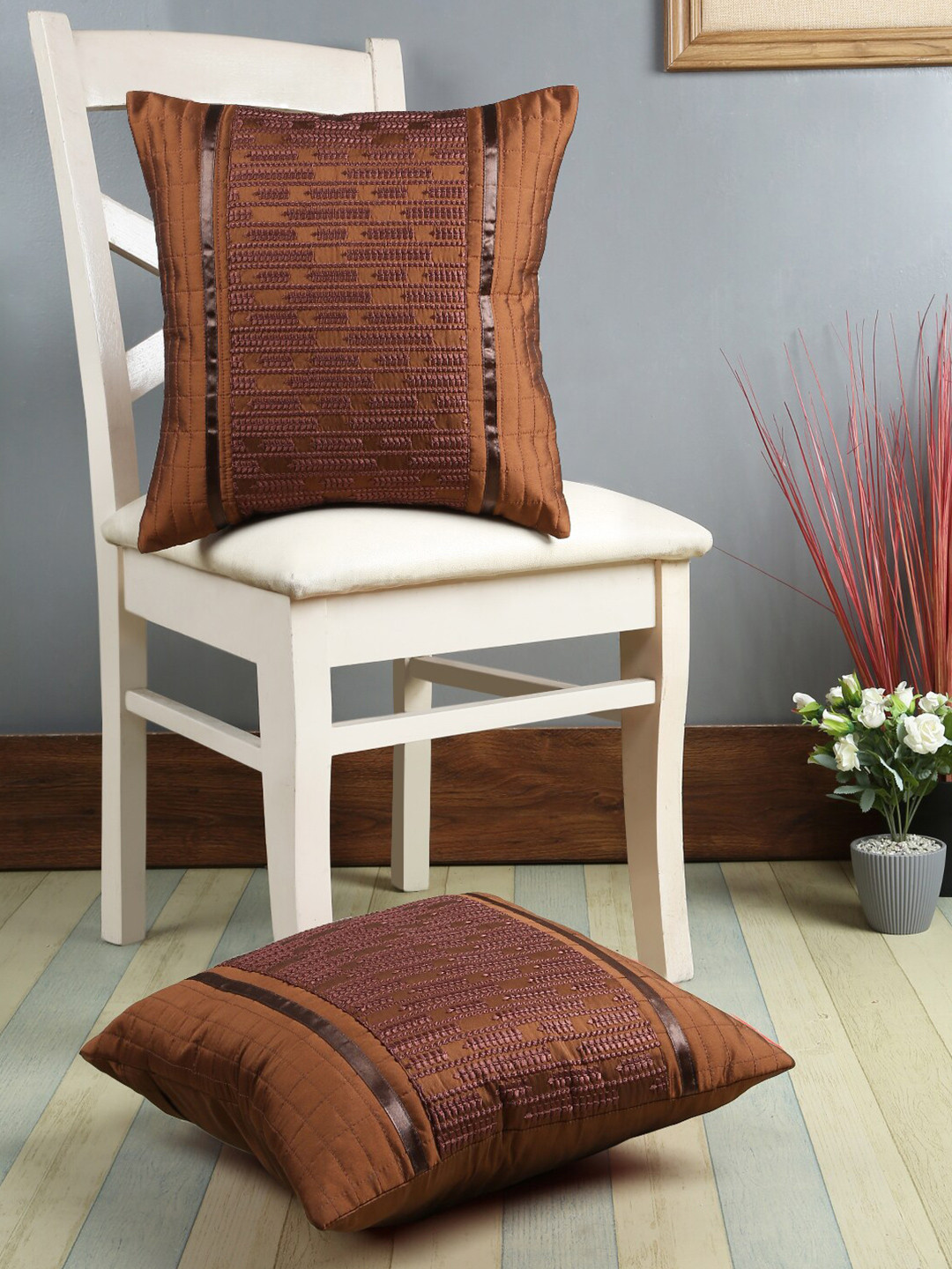 eyda Brown Set of 2 Embroidered Square Cushion Covers