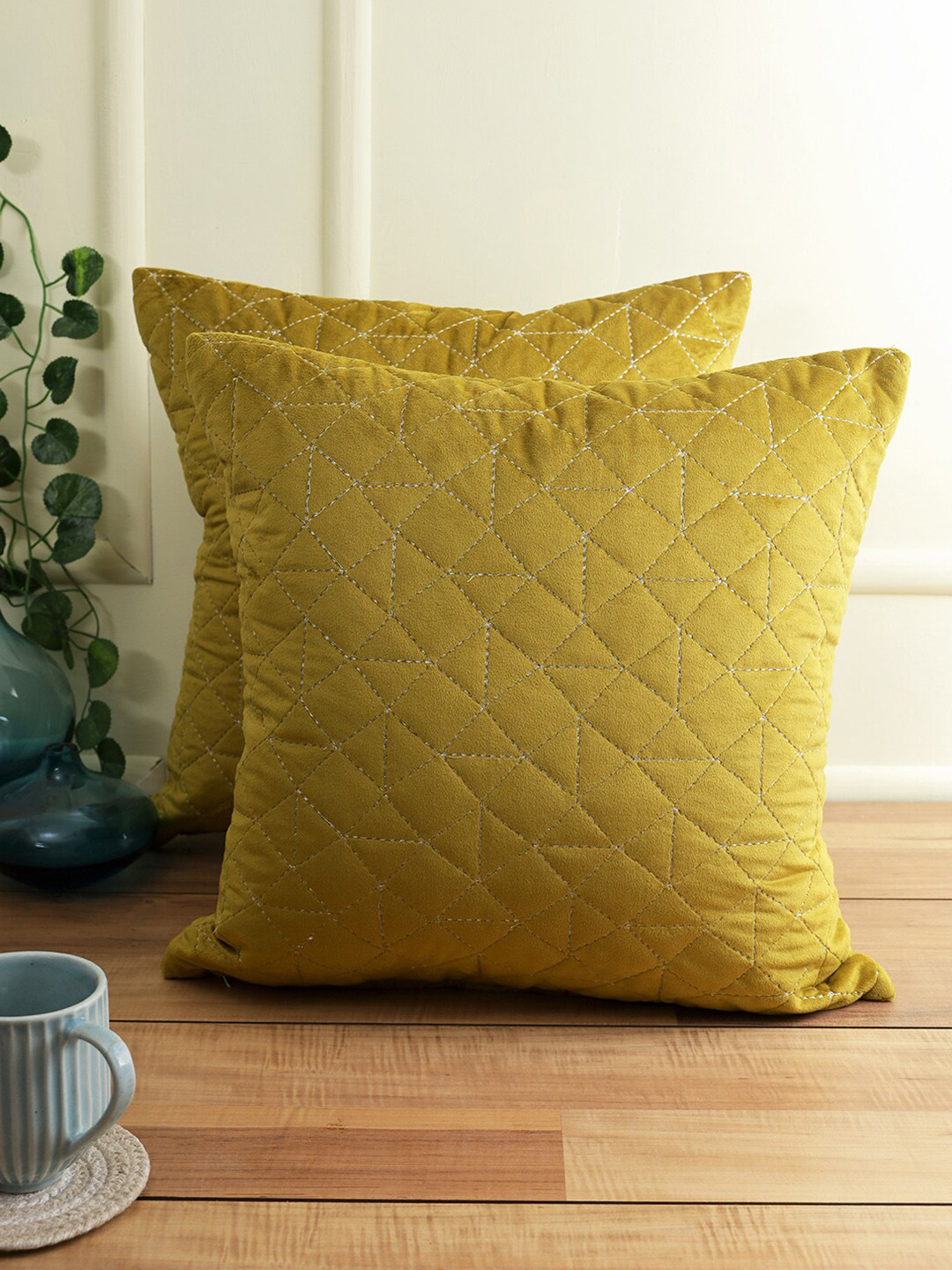 eyda Olive Geometric Velvet Quilted 2 Piece Embroidered Square Cushion Covers -18x18In