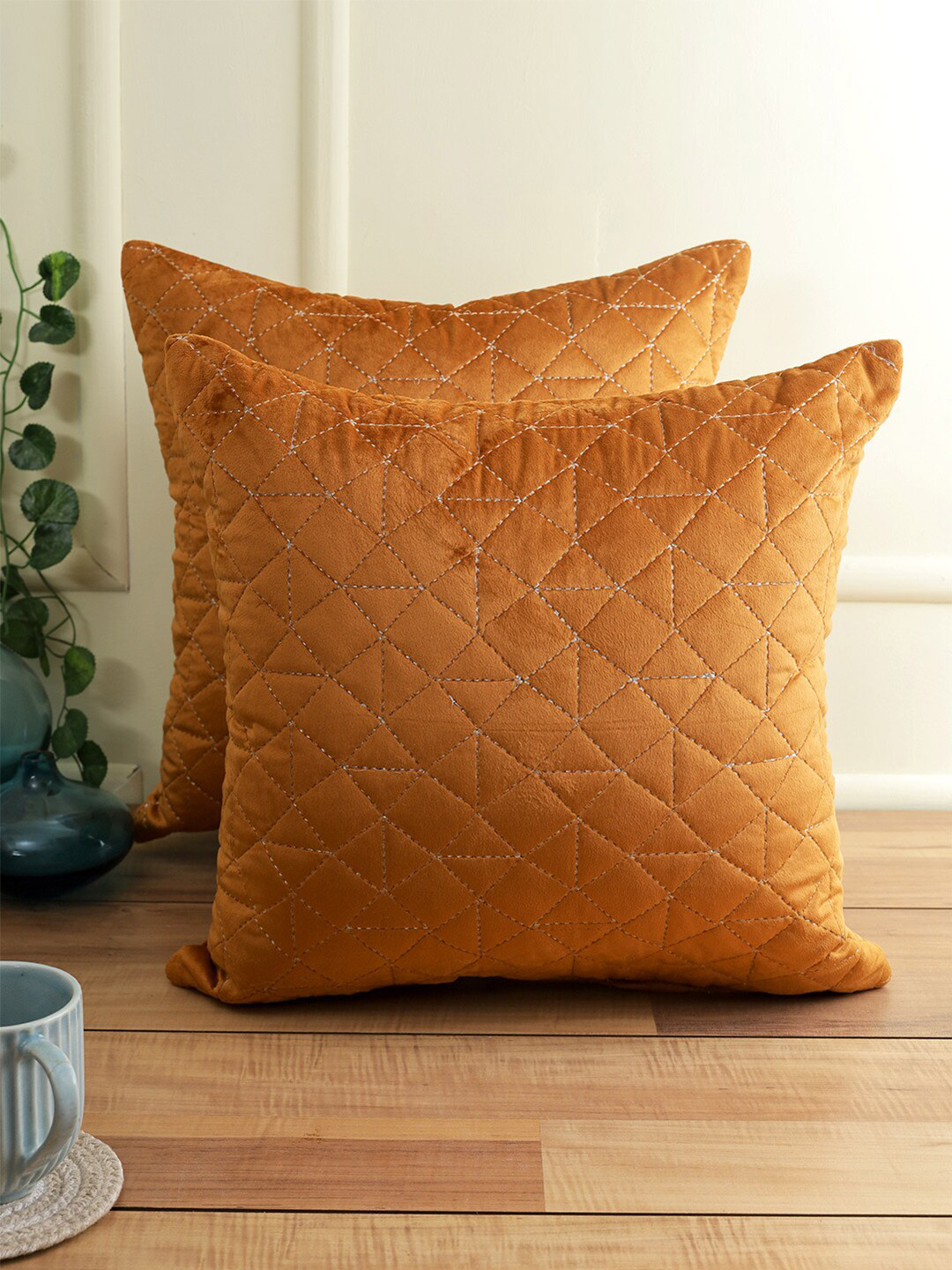 eyda Rust Set of 2 Velvet Self Design Square Cushion Covers