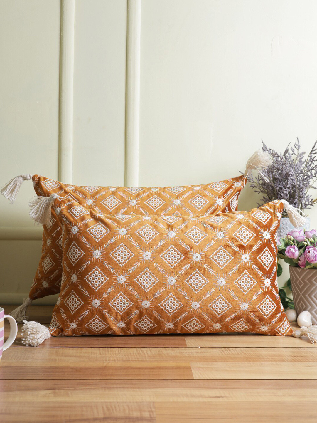 eyda Rust Geometric Velvet Durable 2 Piece Embroidered Rectangle Cushion Covers -12x20In