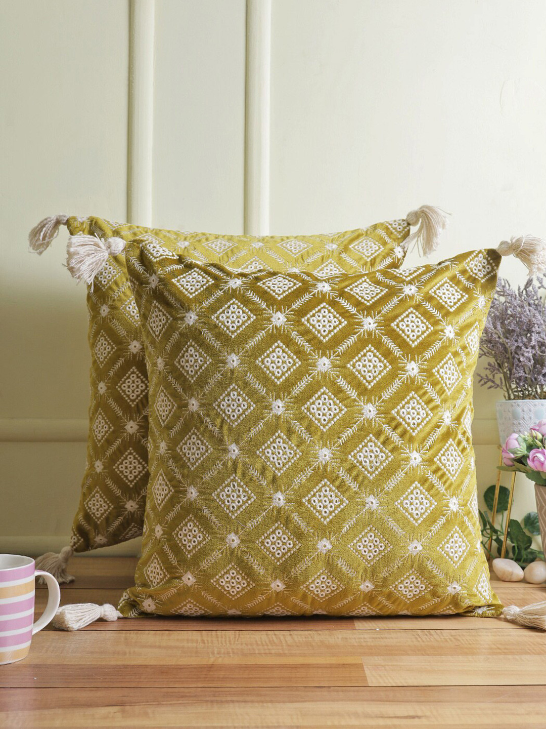eyda Olive Embroidered Velvet Durable 2 Piece Square Cushion Covers - 18 x 18 Inches