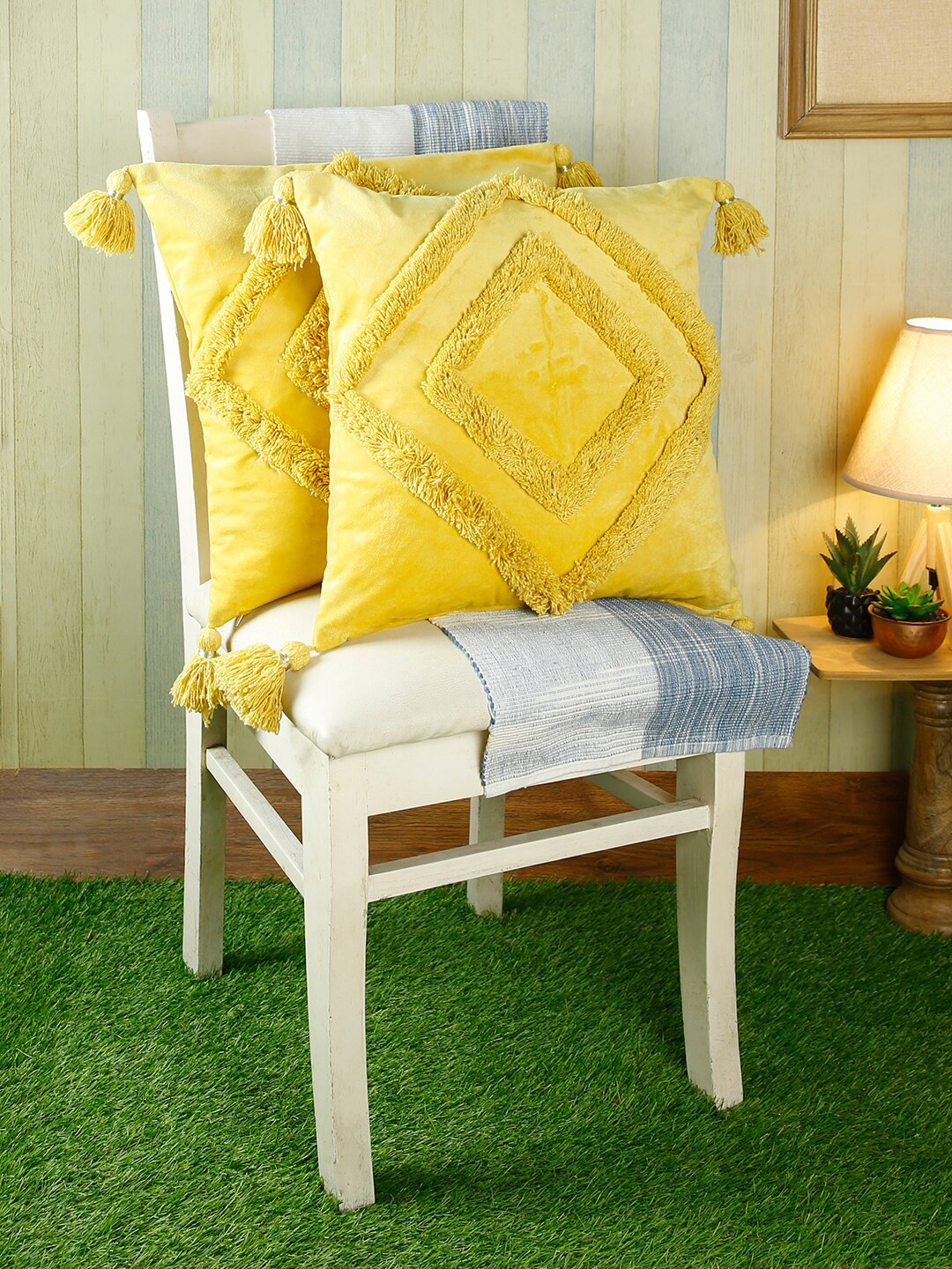 eyda Yellow Cotton Ultra Soft 2 Piece Embroidered Square Cushion Covers -18x18In