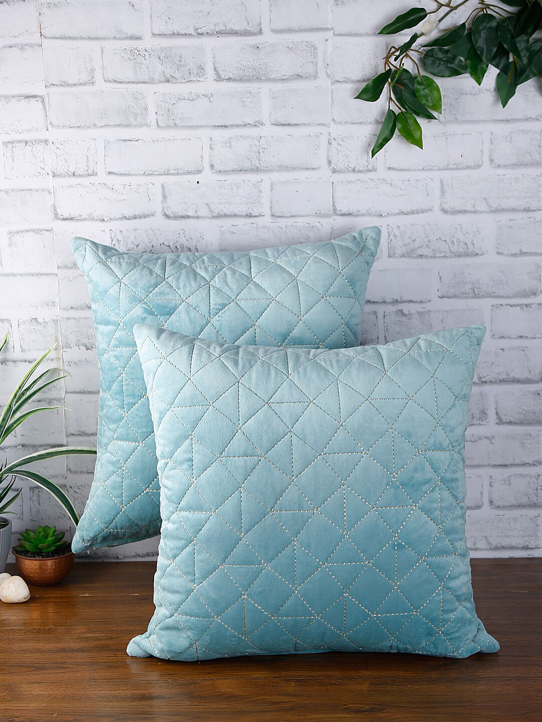 eyda Blue Geometric Velvet Quilted 2 Textured Square Cushion Covers -18x18In