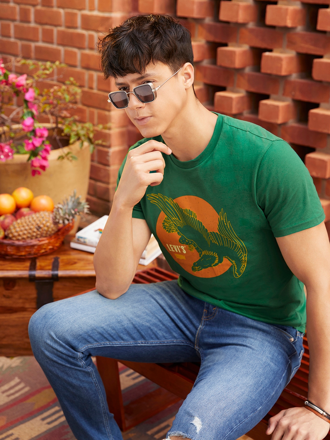 Levis Men Green & Orange Brand Logo Printed Pure Cotton T-shirt