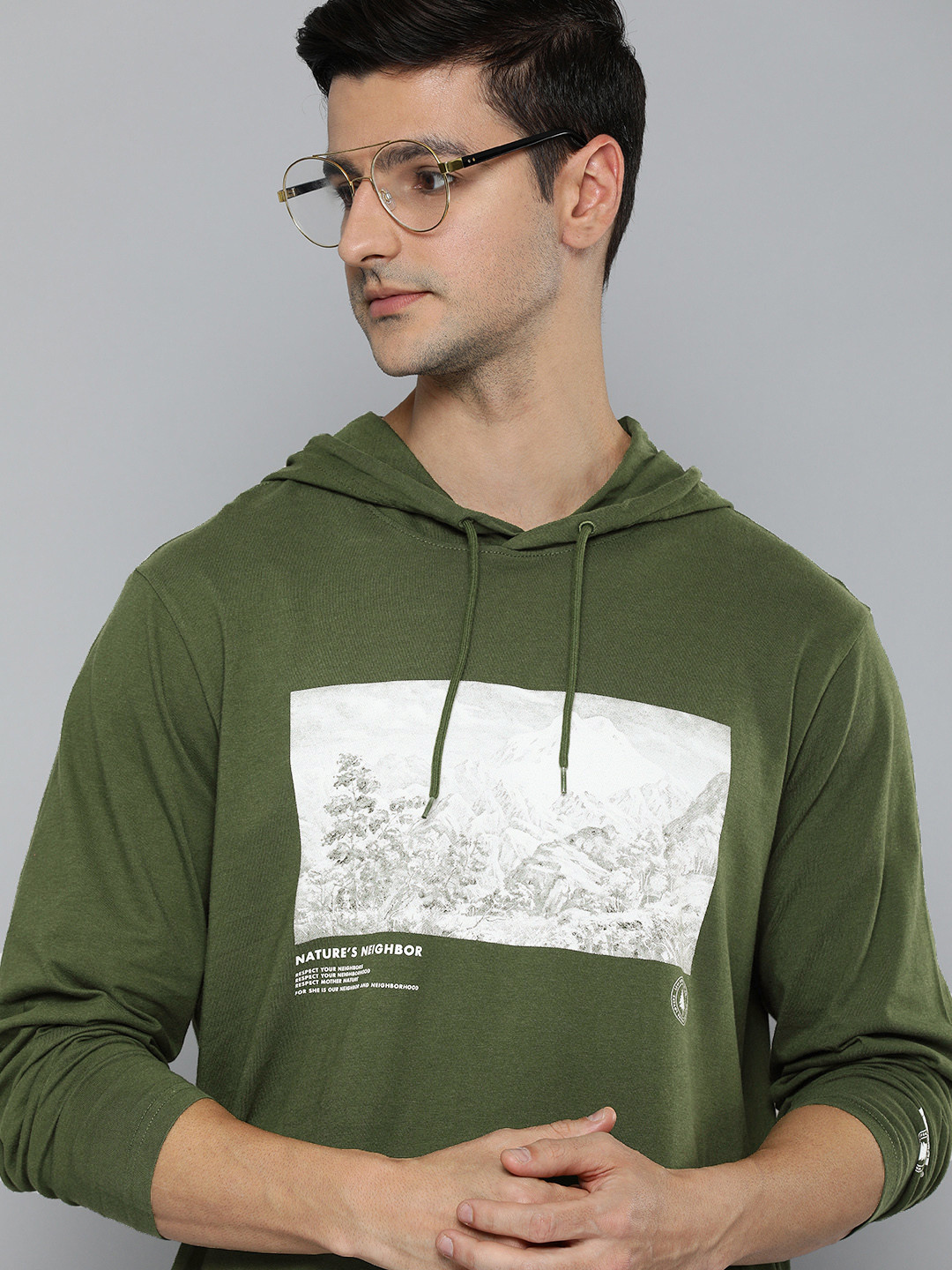 Levis Men Green Graphic Printed Pure Cotton Hooded Sweatshirt
