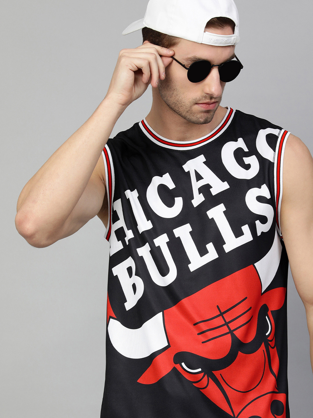 NBA Men Black & White Chicago Bulls Printed Sublimation Oversized T-shirt
