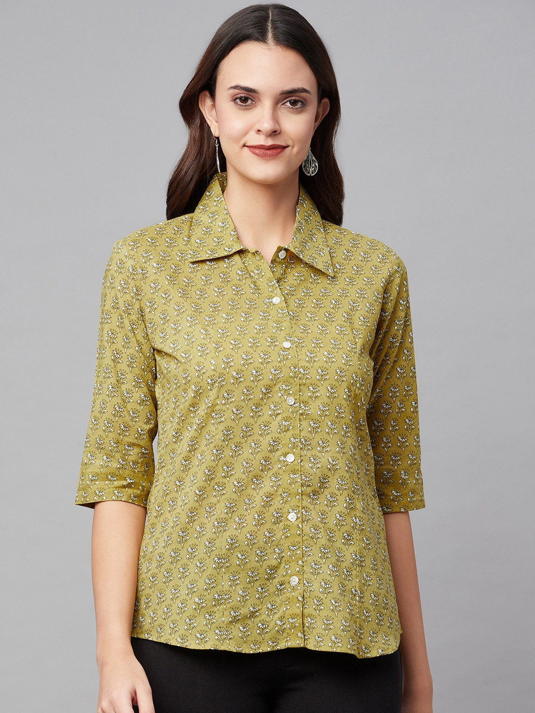 Divena Women Olive Green Comfort Floral Printed Casual Shirt