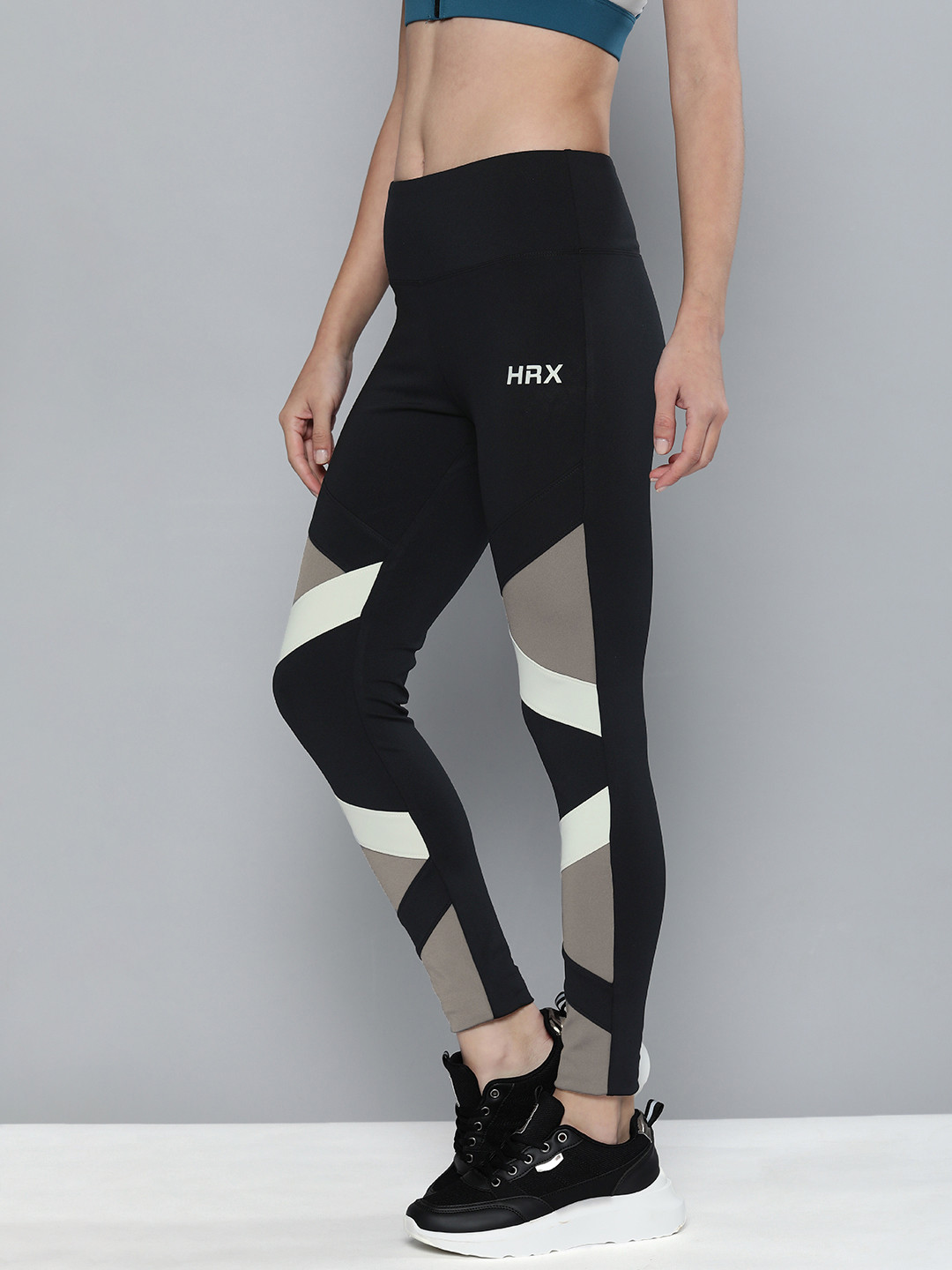HRX By Hrithik Roshan Women Black & Grey Colourblocked Running Rapid-Dry Technology Tights