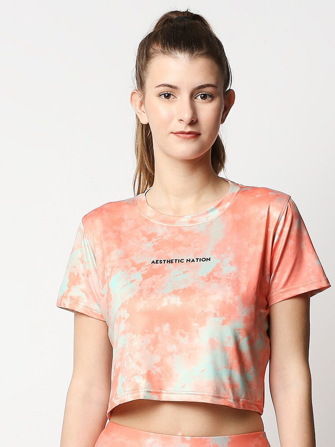 AESTHETIC NATION Women Orange & Turquoise Blue Tie and Dye Printed Antimicrobial Boxy T-shirt