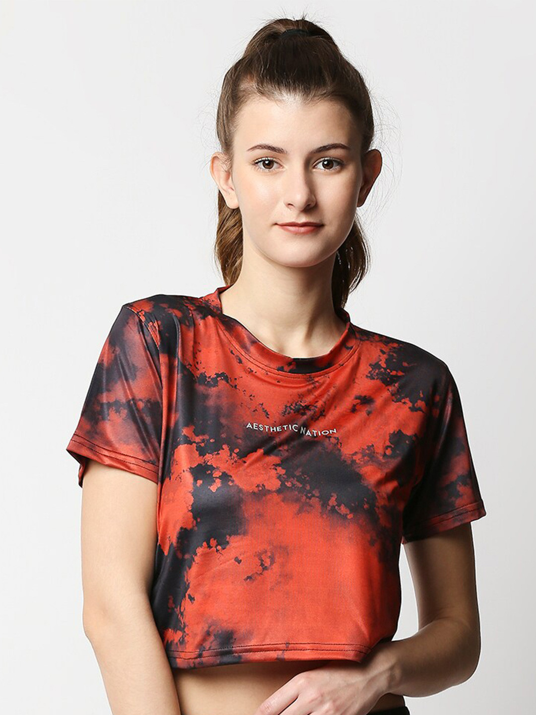 AESTHETIC NATION Women Red Printed Antimicrobial Boxy T-shirt