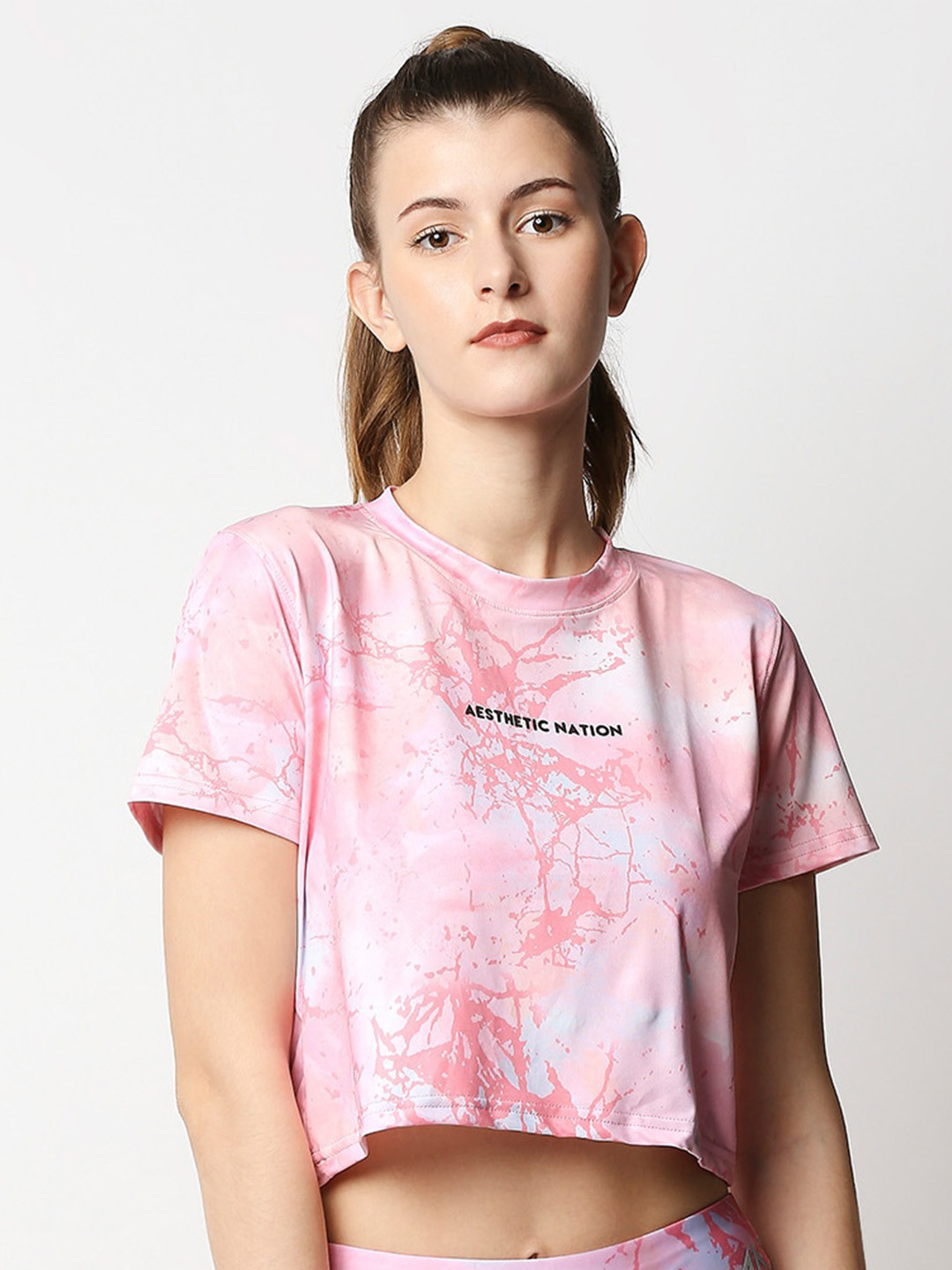 AESTHETIC NATION Women Pink & White Tie and Dye Printed Antimicrobial Boxy T-shirt