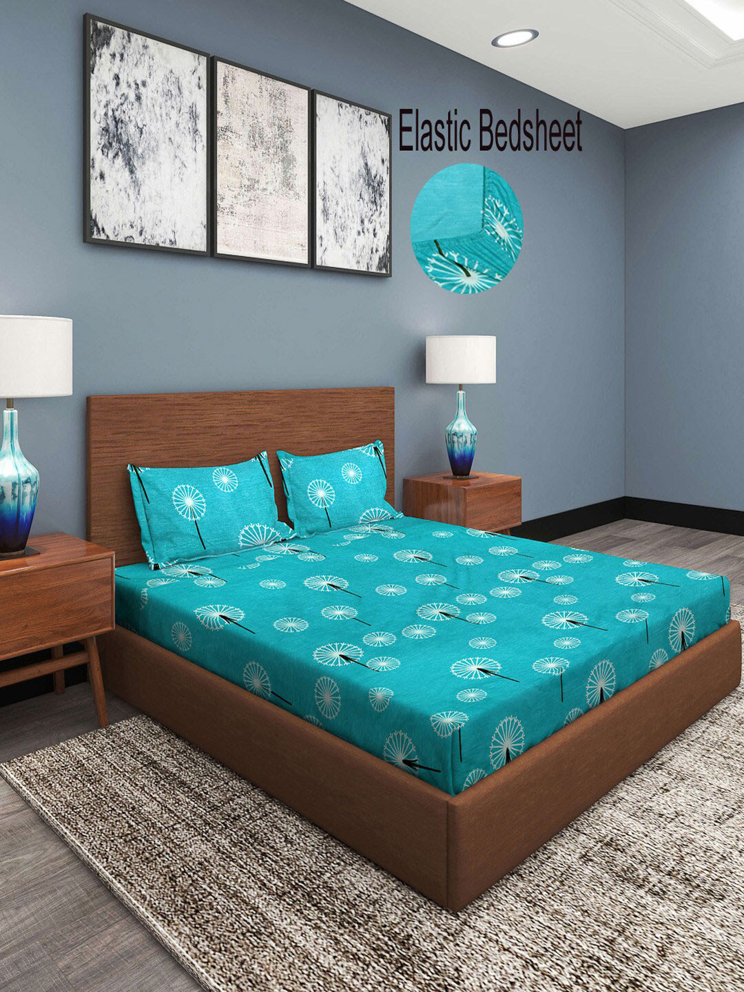 KLOTTHE Blue Floral Cotton 300 TC Fitted Super King Fine Bedsheet with 2 Pillow Covers-270 x 270 cm