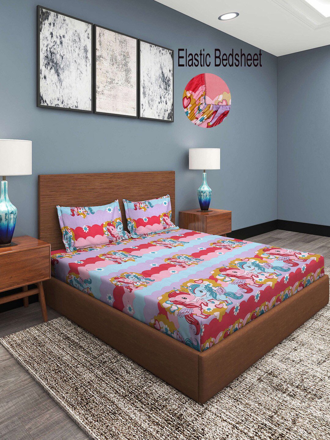 KLOTTHE Blue Cartoon Characters Cotton 300 TC Fitted King Fine Bedsheet with 2 Pillow Covers-106 x 106 inches